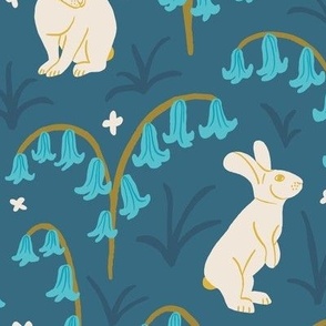 (L) Woodland Bunnies and Bluebells - Cute Hand Drawn White Rabbits on a Blue Floral Forest Floor Background