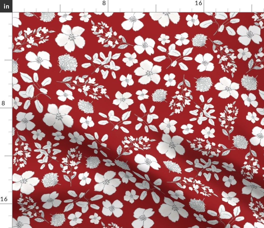 Red and White Line art floral Design