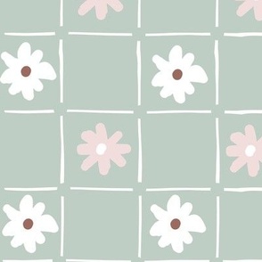 Checkered flowers green background