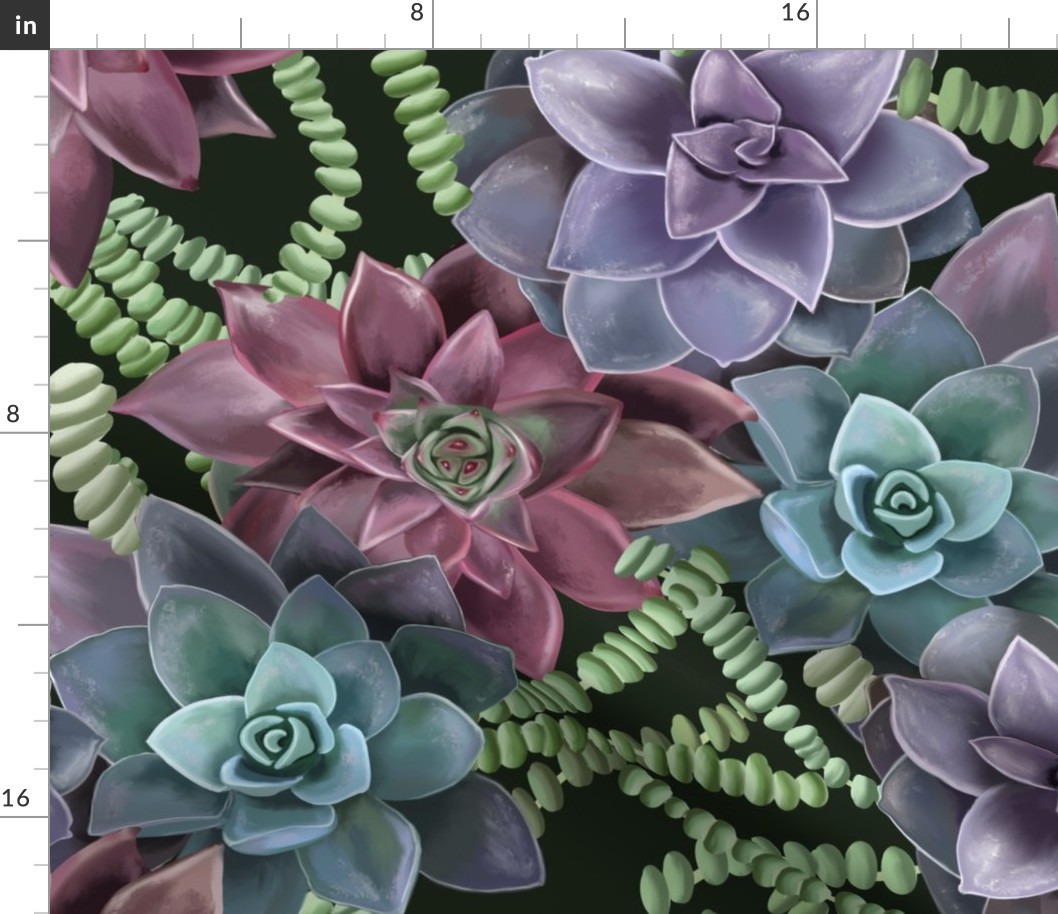 [Large] Hand Painted Succulents Plants on dark green