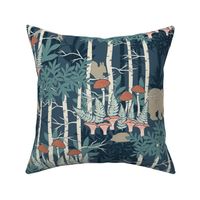 Large boreal forest mushroom and animals in green and pink