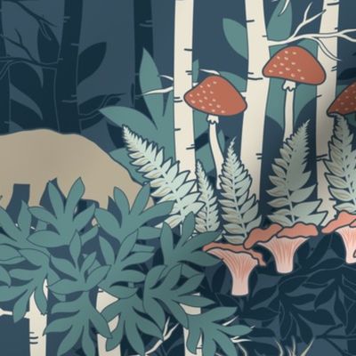 Large boreal forest mushroom and animals in green and pink