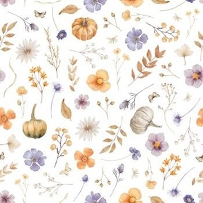 Wildflowers and pumpkins on white
