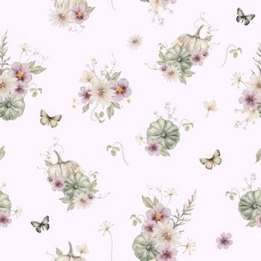 Wildflowers, pumpkins and butterflies on pastel lilac