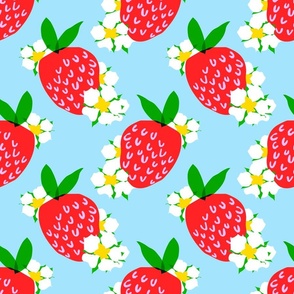 Strawberry Squared Pastel Sky Baby Blue Mini Summer Fruit And Flowers Retro Modern Grandmillennial Garden Floral Botany Red, Green, Yellow And White Scandi Kitchen Repeat Pattern