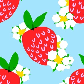 Strawberry Squared Pastel Sky Baby Blue Summer Fruit And Flowers Retro Modern Grandmillennial Garden Floral Botany Red, Green, Yellow And White Scandi Kitchen Repeat Pattern