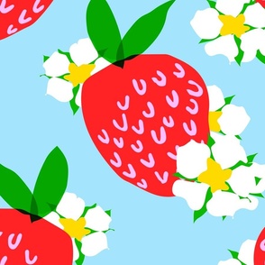 Strawberry Squared Pastel Sky Baby Blue Big Summer Fruit And Flowers Retro Modern Grandmillennial Garden Floral Botany Red, Green, Yellow And White Scandi Kitchen Repeat Pattern