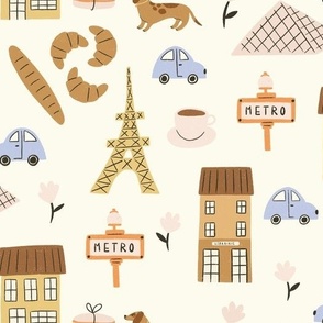 Trip to Paris Pattern featuring French Croissants, Baguettes, Eiffel Tower,  Macaroons, and Cars