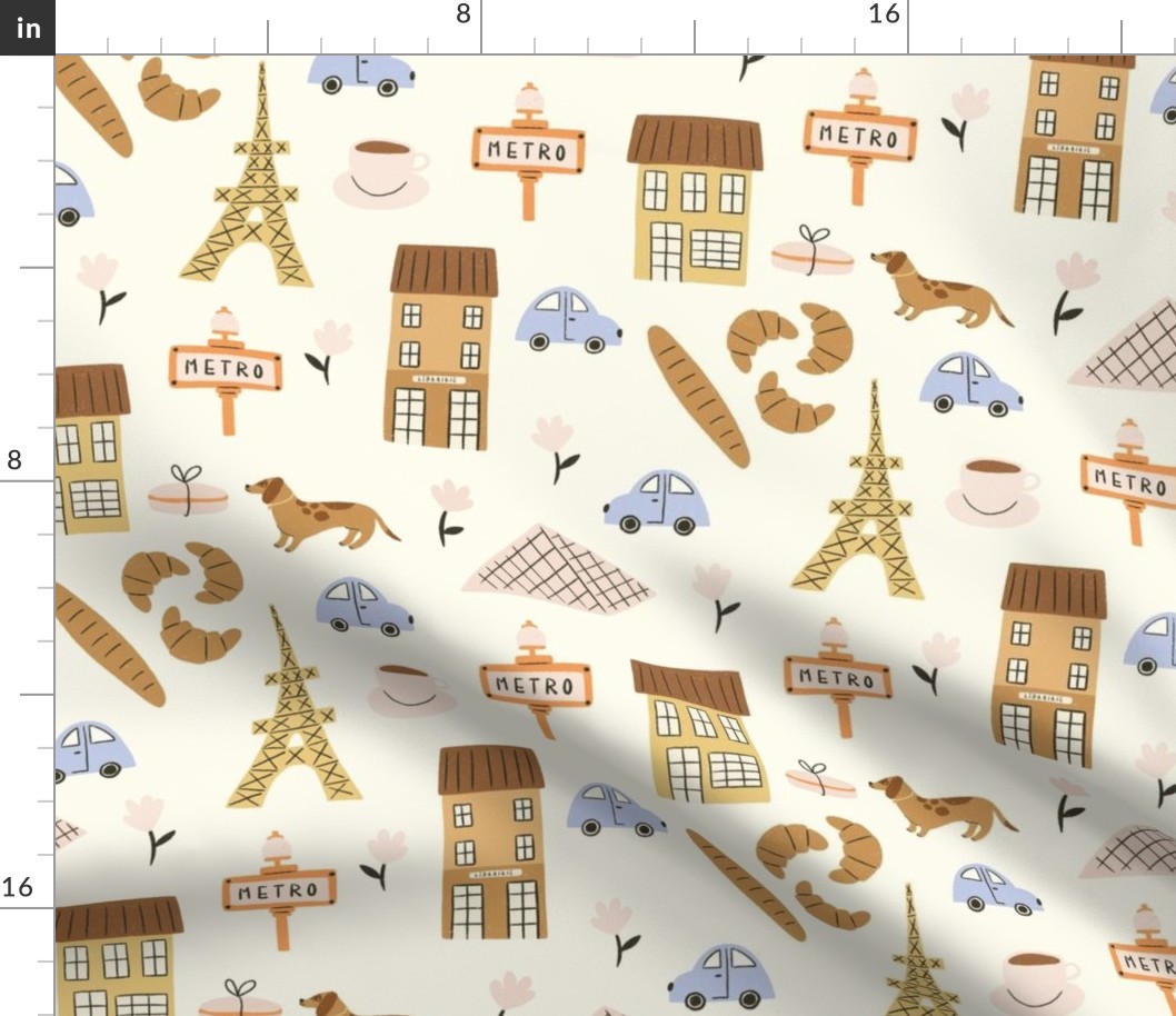 Trip to Paris Pattern featuring French Croissants, Baguettes, Eiffel Tower,  Macaroons, and Cars