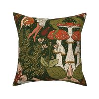 Fairies in a Forest with Fungi, Flowers, Frogs, Insects, Ferns, and a Starry Sky in Retro Orange, Brown, Green - Jumbo Scale