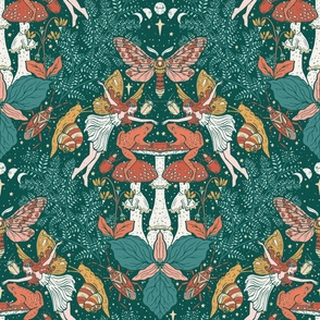 Fairies in a Forest with Fungi, Flowers, Frogs, Insects, Ferns, and a Starry Sky in Teal and Orange - Large Scale