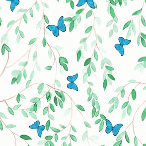 Blue Butterflies and Green leaves - watercolors