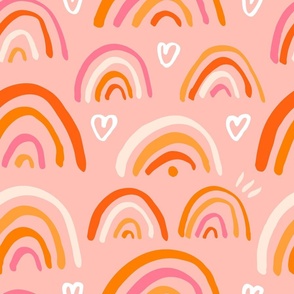 Cute texture with colourful rainbows and hearts on a pink background in big scale
