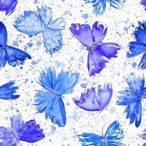 Splattered Watercolor Butterflies - blue on white