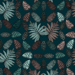 Forest Floor Pine Cones and Fern Delight on Dark Blue