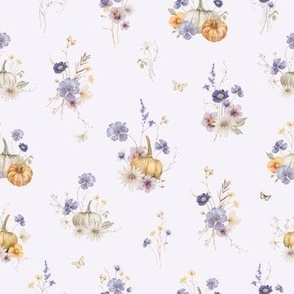 Wildflowers and pumpkins on pastel lilac