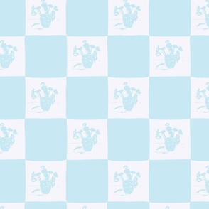 Modern Painted Blue and White Floral Checker Board in Baby Blue