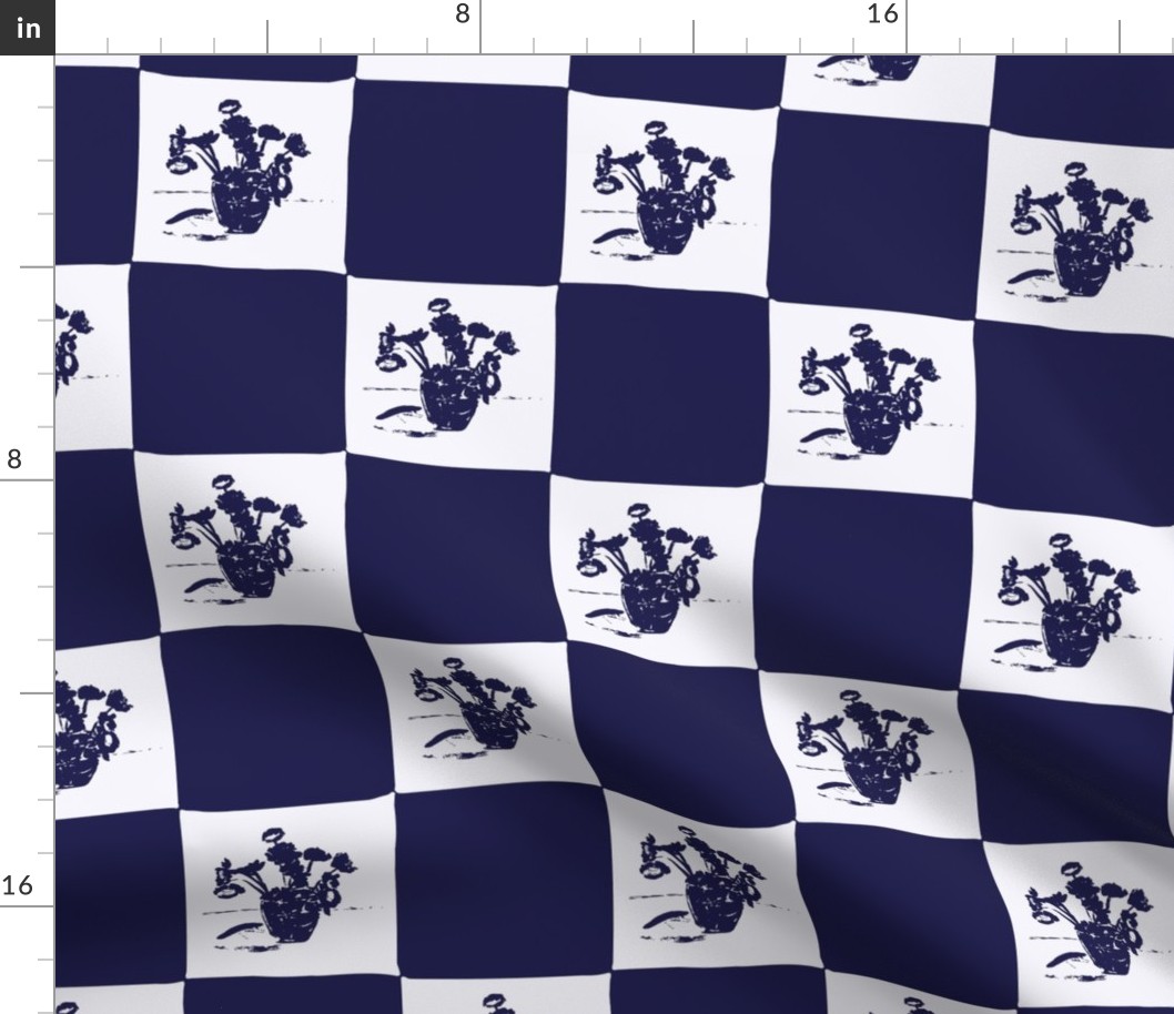 Modern Painted Blue and White Floral Checker Board in Ultramarine Blue