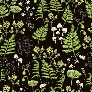 Forest Biome: Soft green ferns and botanicals with cute mushrooms and ladybirds on dark brown canvass.