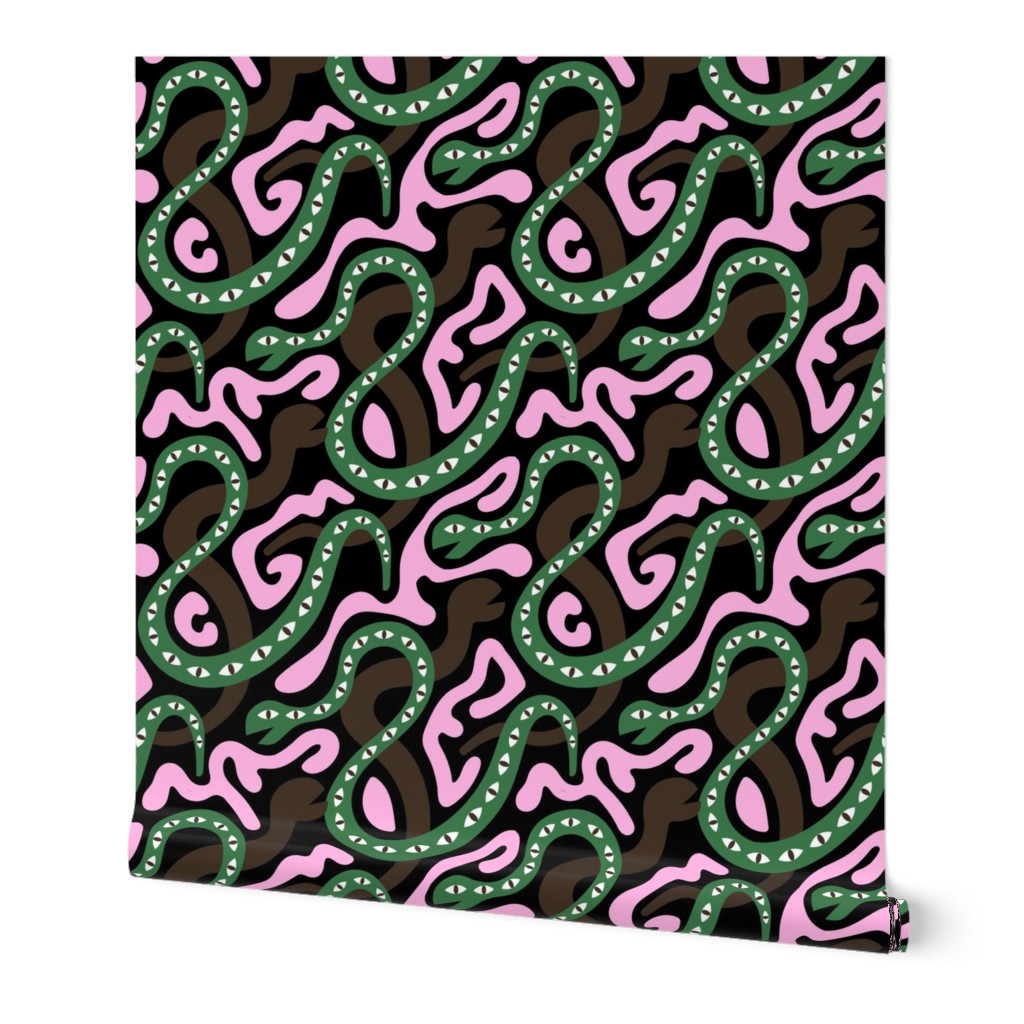 Forest Biome - Under the earth and in the soil snake pit creatures modern kids design pink green chocolate brown on black 