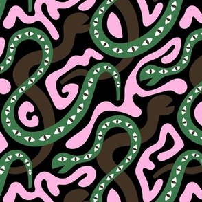 Forest Biome - Under the earth and in the soil snake pit creatures modern kids design pink green chocolate brown on black 