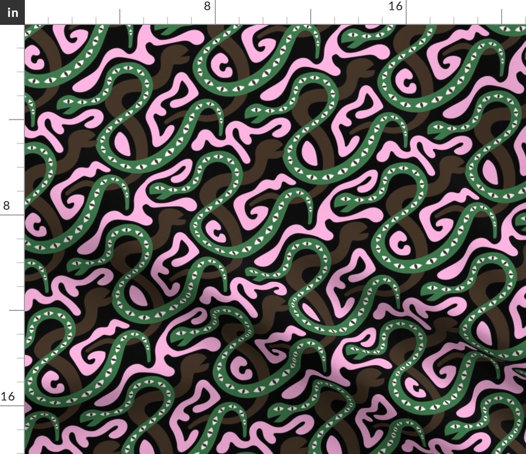 Forest Biome - Under the earth and in the soil snake pit creatures modern kids design pink green chocolate brown on black 