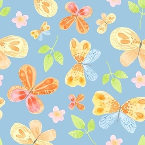 Watercolor butterflies and flowers