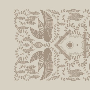 Garden birds in brown taupe. Wall hanging or tea towel