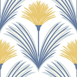 Deco Dandelion Flower Scallop in Yellow Blue on a White Large