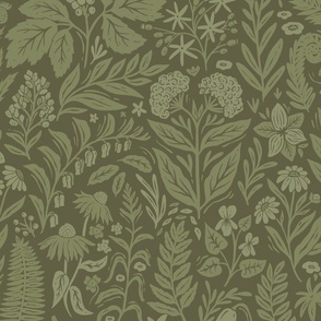 Forest Floor Flora - earthy green block print - large