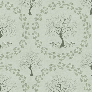 Calm Forest Biome: hand drawn trees, leaves and fungi in shades of sage green