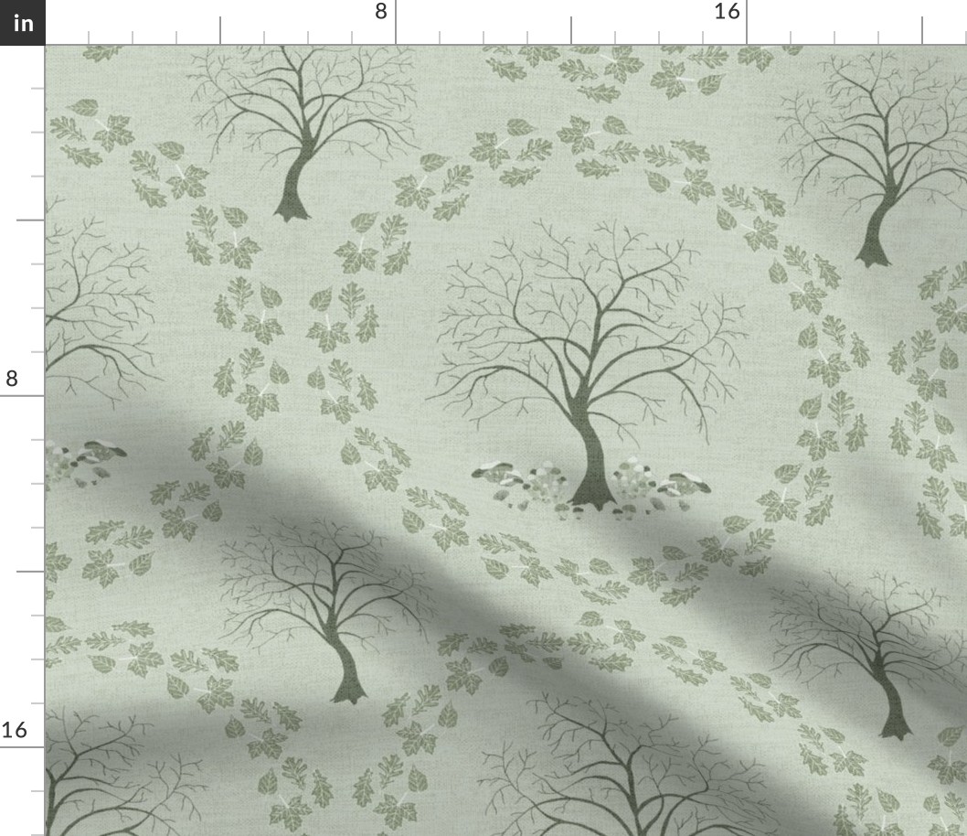 Calm Forest Biome: hand drawn trees, leaves and fungi in shades of sage green
