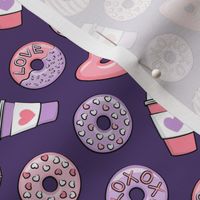 (small scale) donuts and coffee - valentines day - pink and purple on dark purple C24