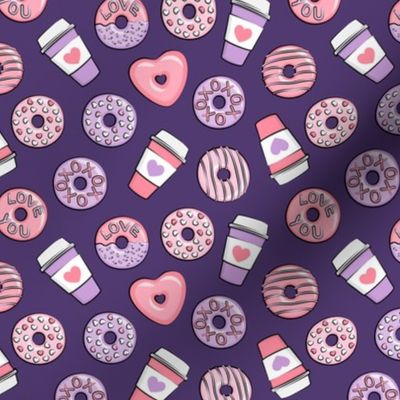 (small scale) donuts and coffee - valentines day - pink and purple on dark purple C24