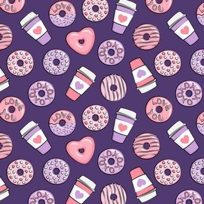 (small scale) donuts and coffee - valentines day - pink and purple on dark purple C24