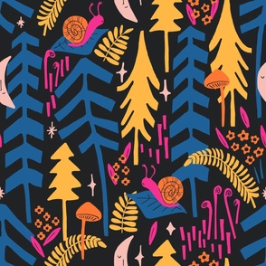 large - Forest Biome Mr Snail and Moon plus Fern - Eclectic Boho - Color Confident - Maximalist Wallpaper - Ferns
