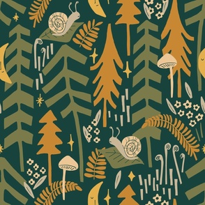 Large - Forest Biome Mr Snail and Moon plus Fern - Eclectic Boho - Earthy Neutral Nursery - Maximalist Wallpaper - Ferns