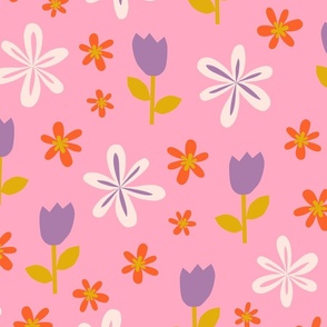 Cutout Paper Tulips and flowers on pink background