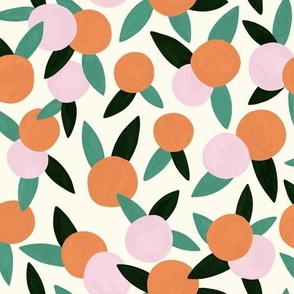 Summer Fruit Punch: Colorful Red and Pink Peach Pattern with Nectarines, Lush Greenery and Acrylic Texture