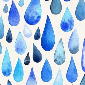 Jumbo XL Scale // Blue Drops on soft white / hand-painted watercolor raindrops in aqua indigo and cobalt blues