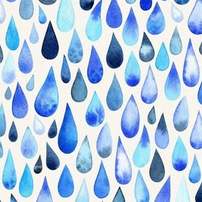 Larger Scale // Blue Drops on soft white / hand-painted watercolor raindrops in aqua indigo and cobalt blues