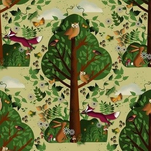 Woodland whimsy / forest biome / owl/ fox / pale yellow