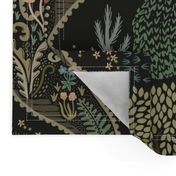 Forest Biome - forest ecosystem with trees and flowers with deer, luna moths, mushrooms and ferns - decorative ogee - olive greens - jumbo