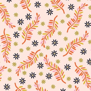 Floral with orange branches and leaves on light pink background