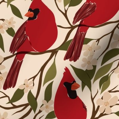 red cardinals on blossoming tree branches