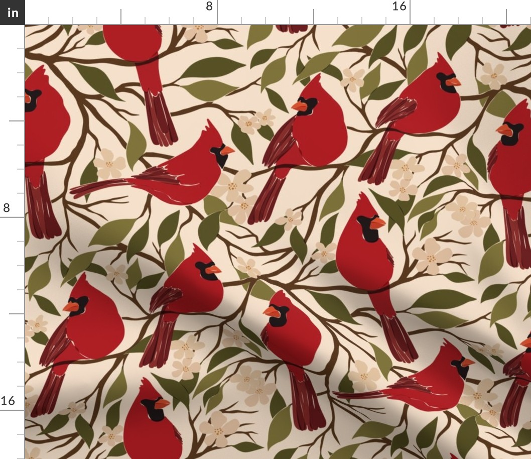 red cardinals on blossoming tree branches