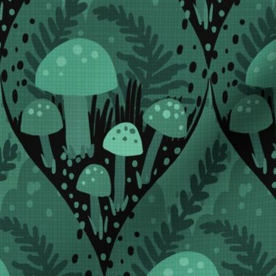 Forest microbiome monochromatic green  mushrooms and ferns under the dark green tree canopy