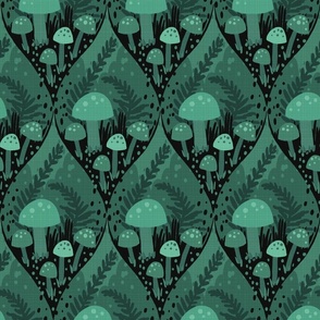 Forest microbiome monochromatic green  mushrooms and ferns under the dark green tree canopy