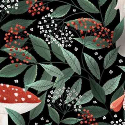 Dark moody Wallpaper with Mushrooms, Moths, and Sage Green Elderberry Leaves & Berries