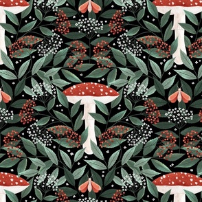 Dark moody Wallpaper with Mushrooms, Moths, and Sage Green Elderberry Leaves & Berries